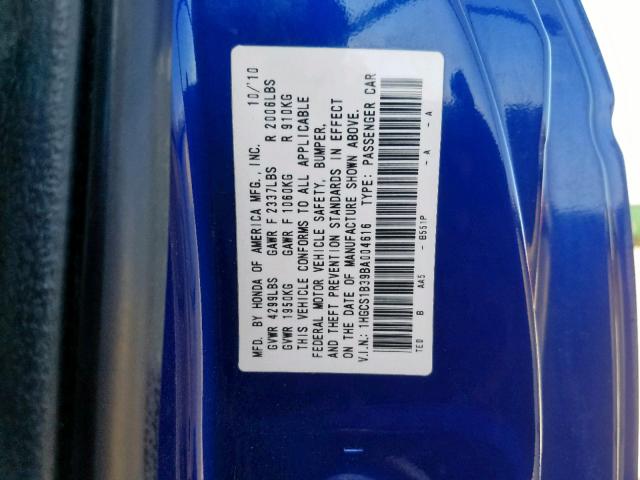 1HGCS1B39BA004616 - 2011 HONDA ACCORD LX- BLUE photo 10