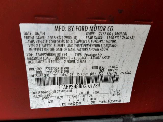 1FAHP2H88FG101734 - 2015 FORD TAURUS SEL RED photo 10