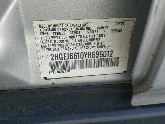 2HGEJ6610YH595012 - 2000 HONDA CIVIC BASE Արծաթագույն լուսանկար 10