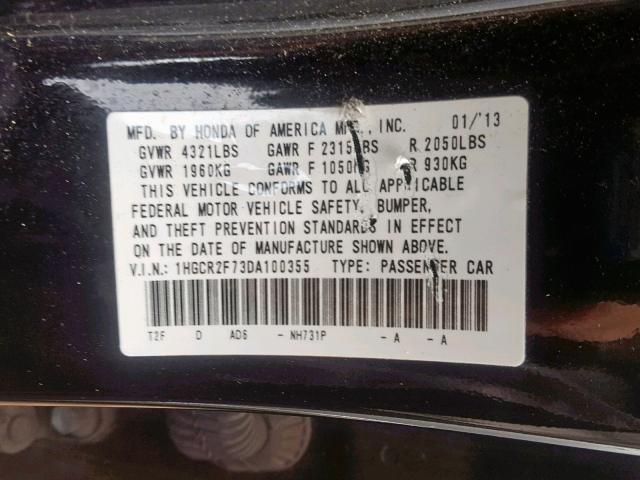 1HGCR2F73DA100355 - 2013 HONDA ACCORD EX BLACK photo 10