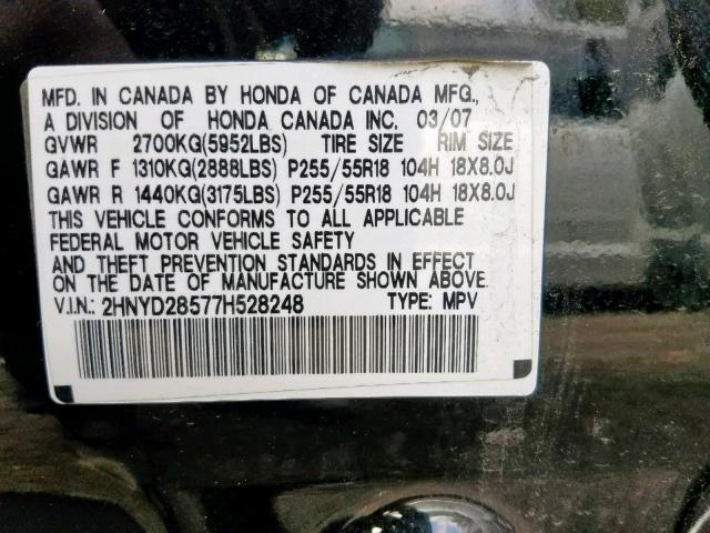 2HNYD28577H528248 - 2007 ACURA MDX SPORT BLACK photo 10