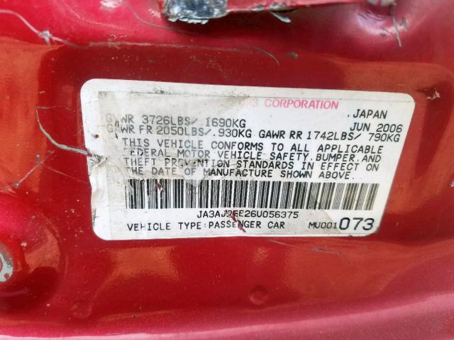 JA3AJ26E26U056375 - 2006 MITSUBISHI LANCER ES RED photo 10