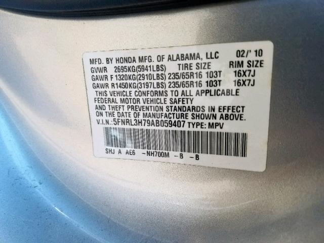 5FNRL3H79AB059407 - 2010 HONDA ODYSSEY EX SILVER photo 10