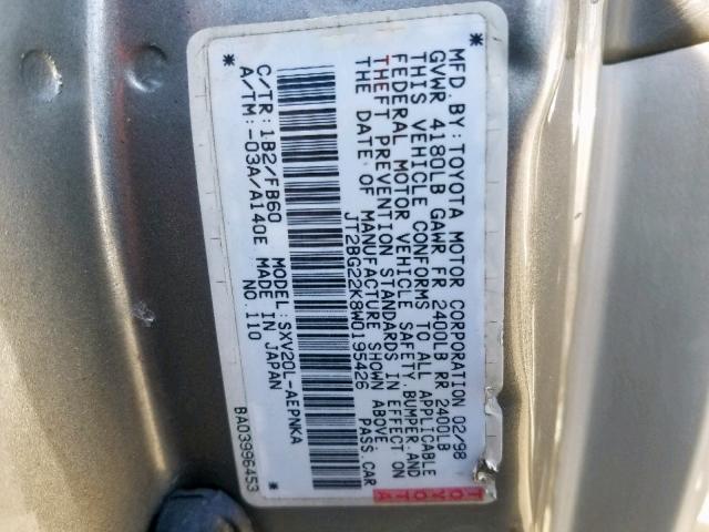 JT2BG22K8W0195426 - 1998 TOYOTA CAMRY CE TAN photo 10