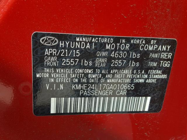 KMHE24L17GA010665 - 2016 HYUNDAI SONATA HYB RED photo 10