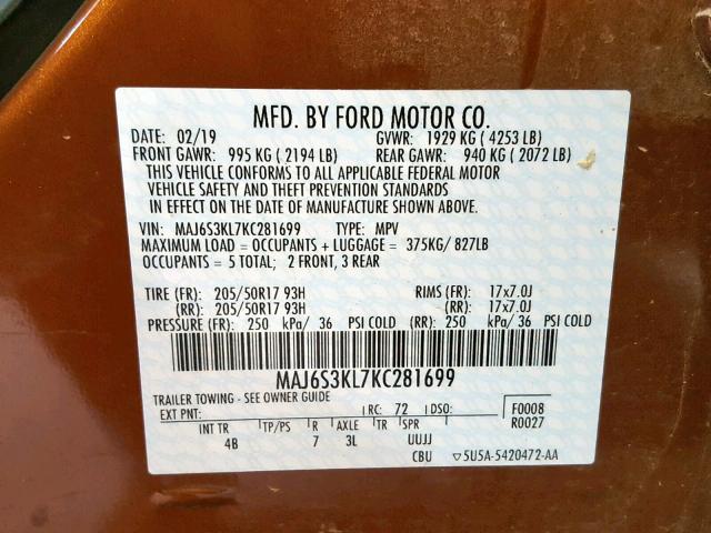 MAJ6S3KL7KC281699 - 2019 FORD ECOSPORT T BROWN photo 10