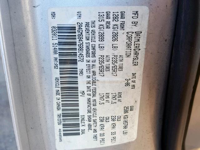 2A4GM68476R814572 - 2006 CHRYSLER PACIFICA T SILVER photo 10