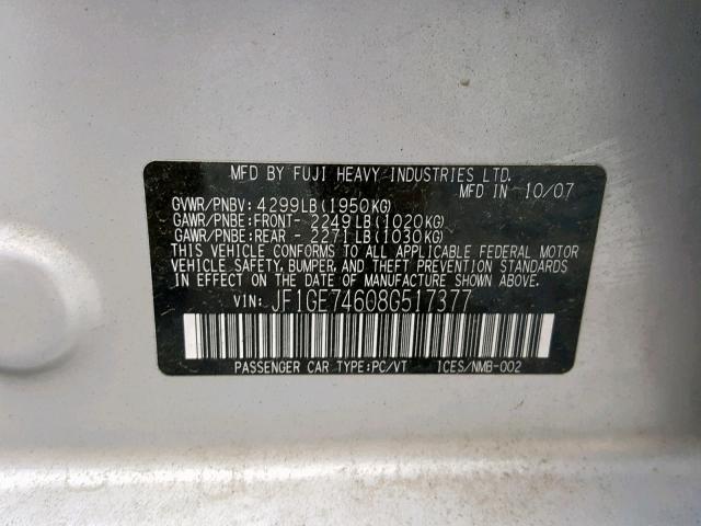 JF1GE74608G517377 - 2008 SUBARU IMPREZA WR SILVER photo 10