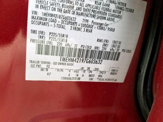 1MEHM42197G603632 - 2007 MERCURY MONTEGO PR 红色 照片 10