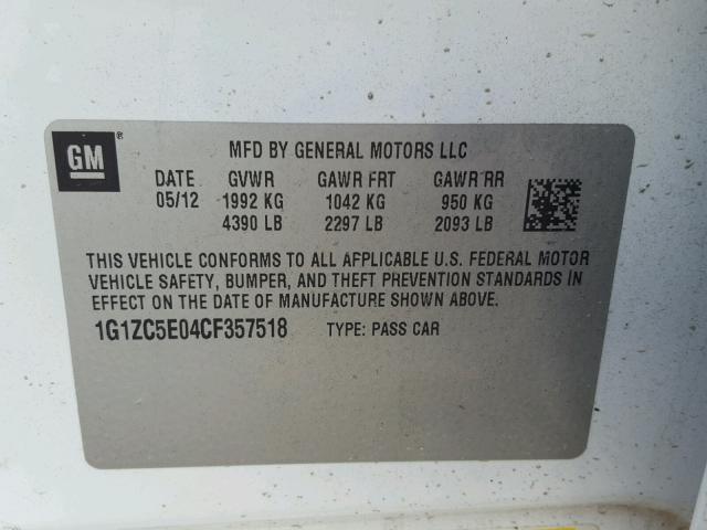 1G1ZC5E04CF357518 - 2012 CHEVROLET MALIBU 1LT WHITE photo 10