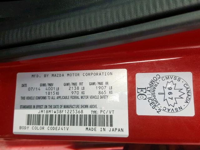 JM1BM1W38F1225368 - 2015 MAZDA 3 GRAND TO RED photo 10
