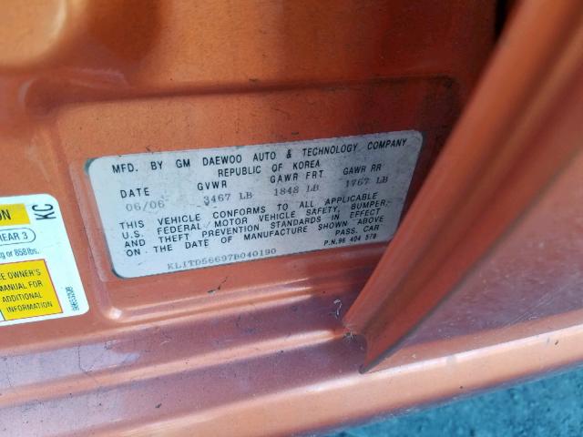 KL1TD56697B040190 - 2007 CHEVROLET AVEO BASE Narıncı foto 10