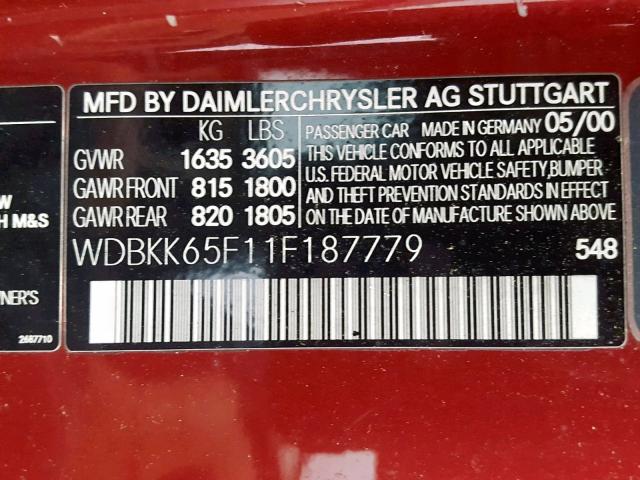 WDBKK65F11F187779 - 2001 MERCEDES-BENZ SLK 320 RED photo 10