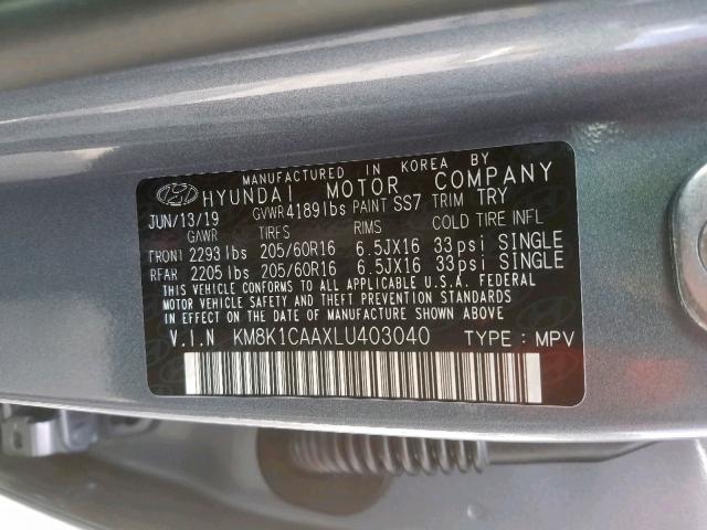 KM8K1CAAXLU403040 - 2020 HYUNDAI KONA BLUE photo 10