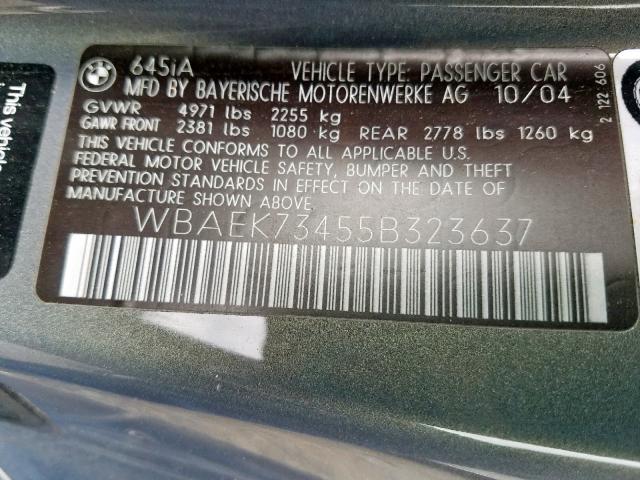 WBAEK73455B323637 - 2005 BMW 645 CI AUT GREEN photo 10