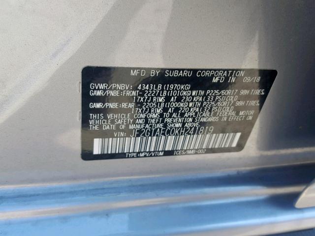 JF2GTAEC0KH241819 - 2019 SUBARU CROSSTREK SILVER photo 10