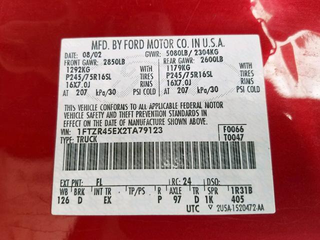 1FTZR45EX2TA79123 - 2002 FORD RANGER SUP RED photo 10