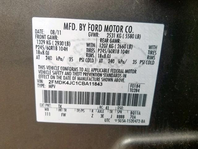 2FMDK4JC1CBA11843 - 2012 FORD EDGE SEL BROWN photo 10