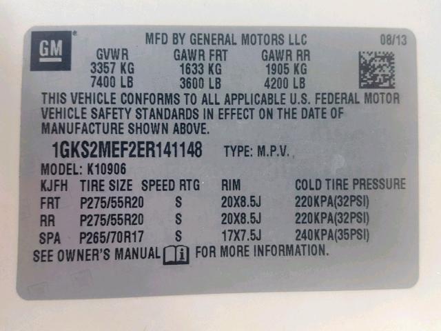 1GKS2MEF2ER141148 - 2014 GMC YUKON XL D WHITE photo 10