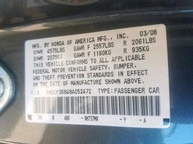 1HGCP36848A052472 - 2008 HONDA ACCORD EXL GRAY photo 10