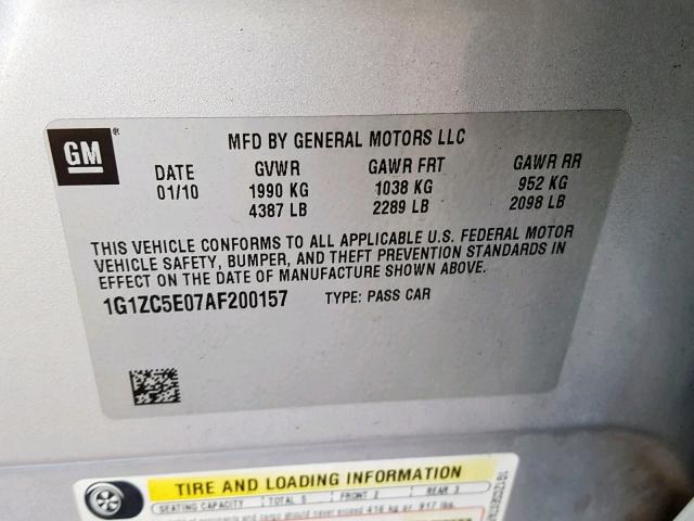 1G1ZC5E07AF200157 - 2010 CHEVROLET MALIBU 1LT SILVER photo 10