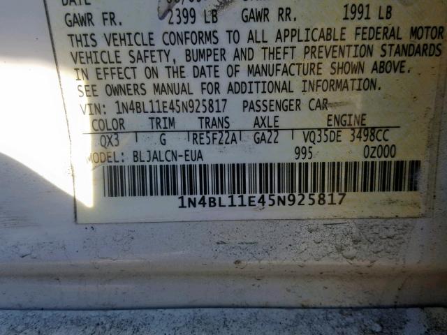 1N4BL11E45N925817 - 2005 NISSAN ALTIMA SE WHITE photo 10