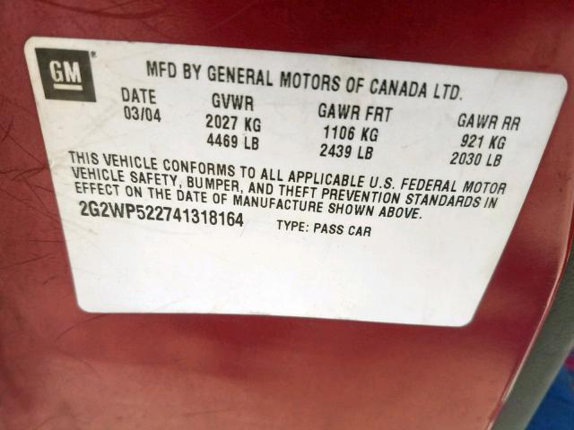 2G2WP522741318164 - 2004 PONTIAC GRAND PRIX BURGUNDY photo 10