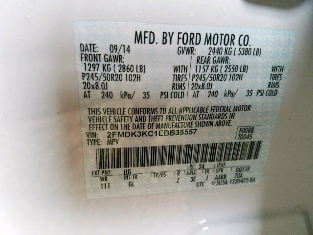 2FMDK3KC1EBB35557 - 2014 FORD EDGE LIMIT WHITE photo 10