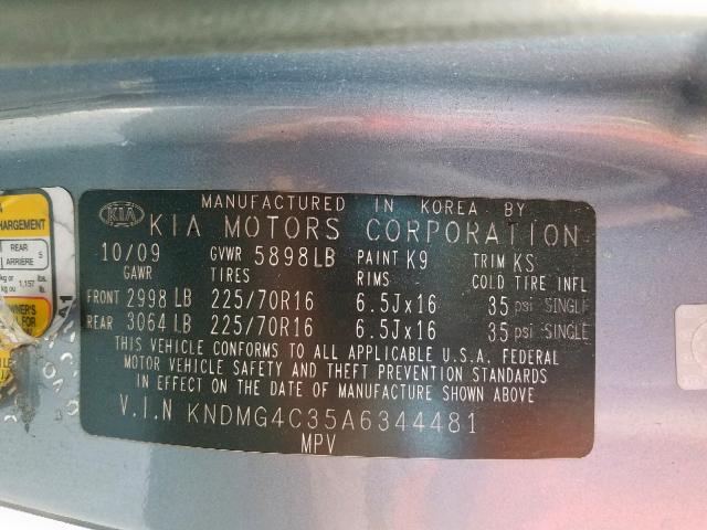 KNDMG4C35A6344481 - 2010 KIA SEDONA LX BLUE photo 10