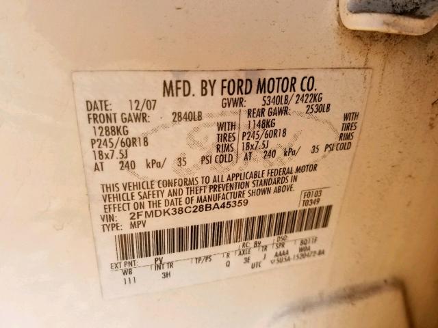 2FMDK38C28BA45359 - 2008 FORD EDGE SEL WHITE photo 10