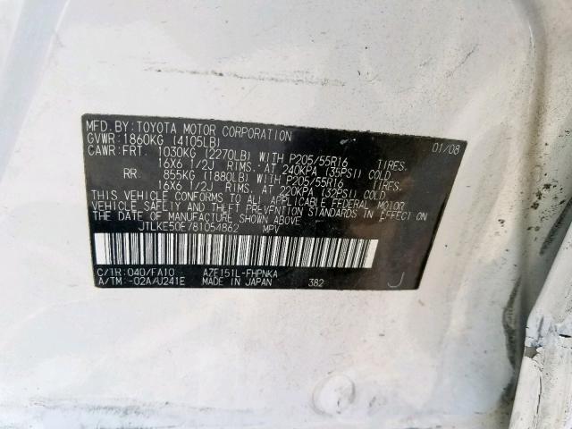 JTLKE50E781054862 - 2008 TOYOTA XB WHITE photo 10