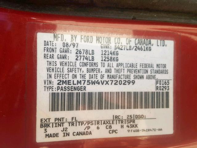 2MELM75W4VX720299 - 1997 MERCURY GRAND MARQ RED photo 10