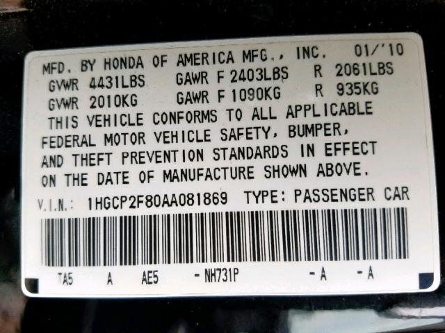 1HGCP2F80AA081869 - 2010 HONDA ACCORD EXL BLACK photo 10