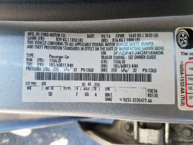 3FADP4TJ4GM169606 - 2016 FORD FIESTA S SILVER photo 10