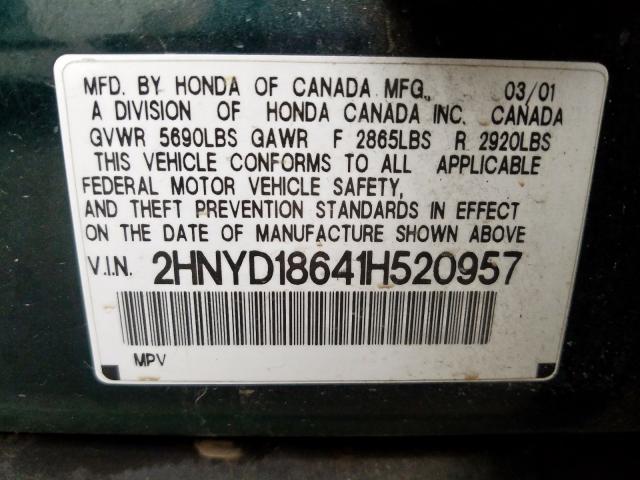 2HNYD18641H520957 - 2001 ACURA MDX TOURIN GREEN photo 10