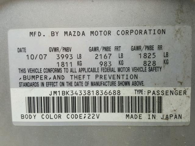 JM1BK343381836688 - 2008 MAZDA 3 HATCHBAC SILVER photo 9