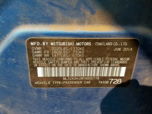 ML32A3HJ9FH005778 - 2015 MITSUBISHI MIRAGE DE BLUE photo 10