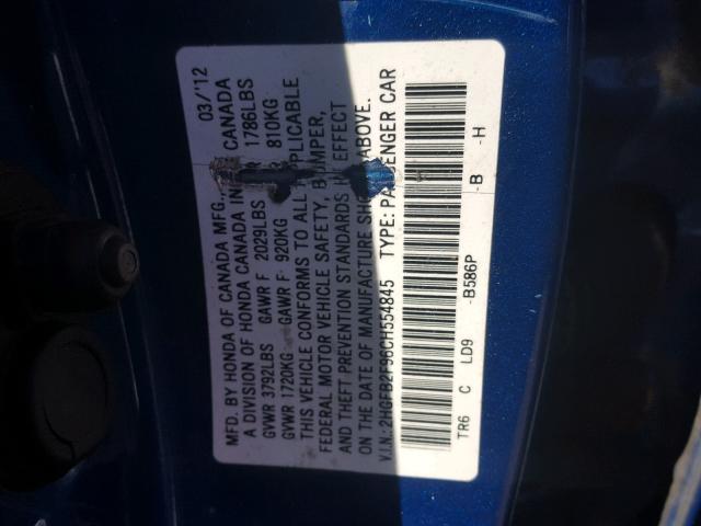 2HGFB2F96CH554845 - 2012 HONDA CIVIC EXL BLUE photo 10