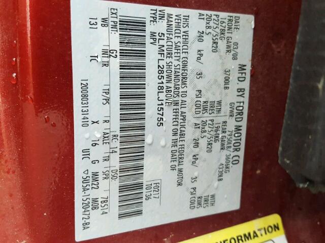 5LMFL28518LJ15755 - 2008 LINCOLN NAVIGATOR 红色 照片 10