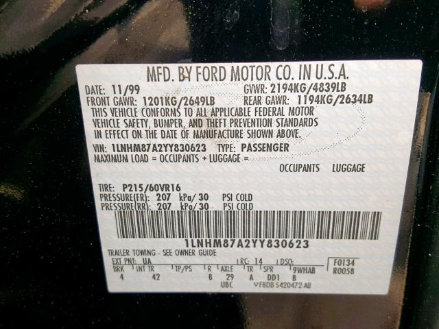 1LNHM87A2YY830623 - 2000 LINCOLN LS BLACK photo 10