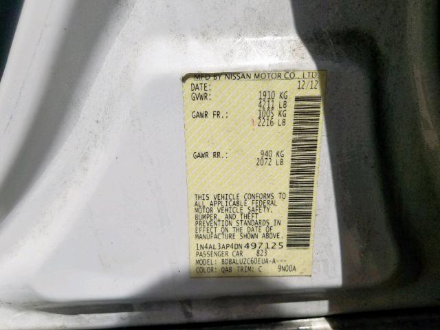 1N4AL3AP4DN497125 - 2013 NISSAN ALTIMA 2.5 WHITE photo 10