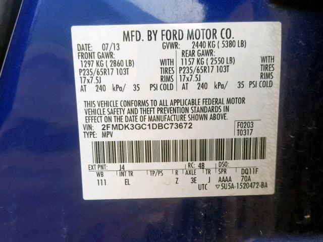 2FMDK3GC1DBC73672 - 2013 FORD EDGE SE BLUE photo 10