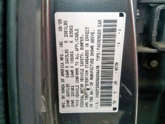 1HGCP26829A004478 - 2009 HONDA ACCORD EXL GRAY photo 10