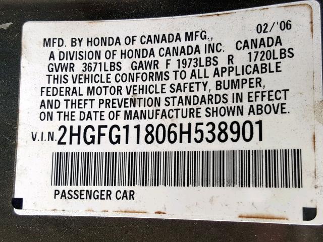 2HGFG11806H538901 - 2006 HONDA CIVIC EX BROWN photo 10