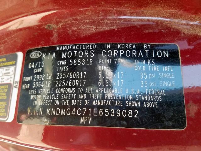 KNDMG4C71E6539082 - 2014 KIA SEDONA LX MAROON photo 10