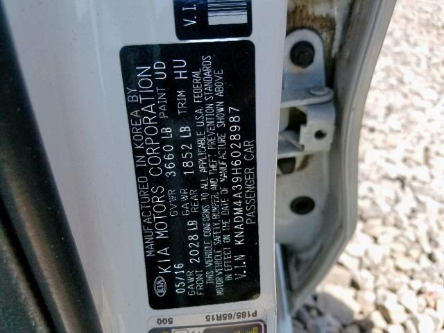 KNADM4A39H6028987 - 2017 KIA RIO LX WHITE photo 10