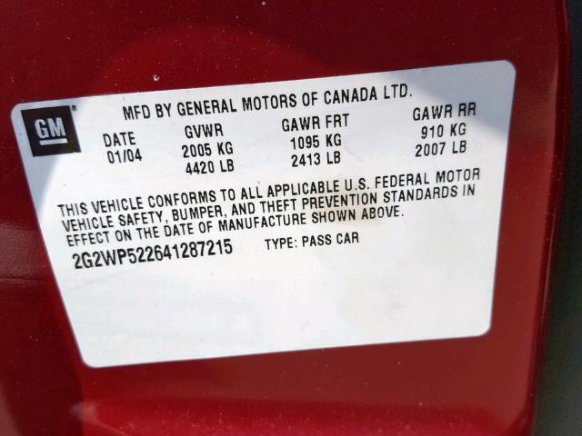 2G2WP522641287215 - 2004 PONTIAC GRAND PRIX RED photo 10