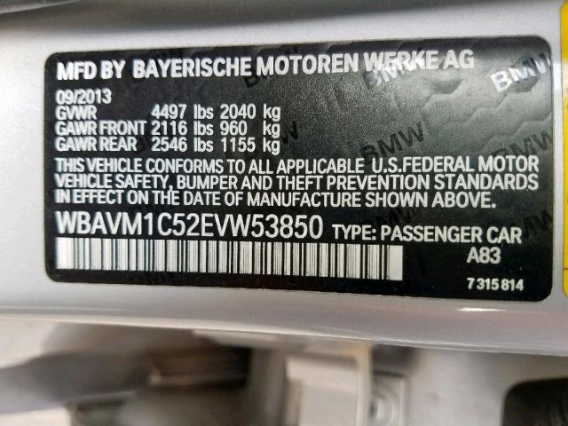 WBAVM1C52EVW53850 - 2014 BMW X1 SDRIVE2 SILVER photo 10