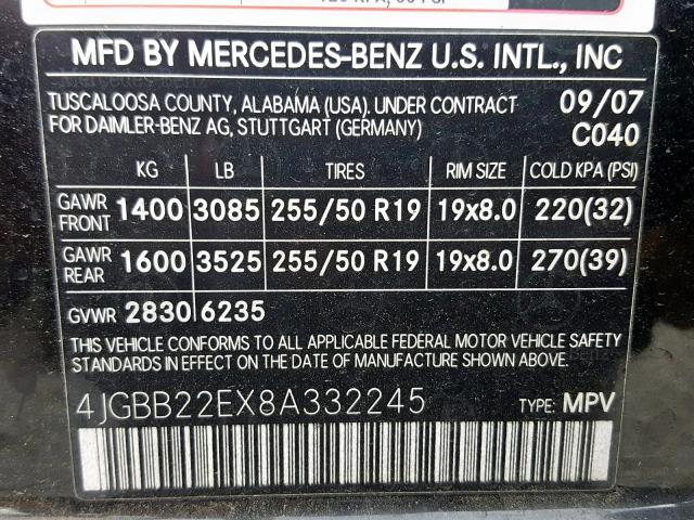 4JGBB22EX8A332245 - 2008 MERCEDES-BENZ ML 320 CDI BLACK photo 10