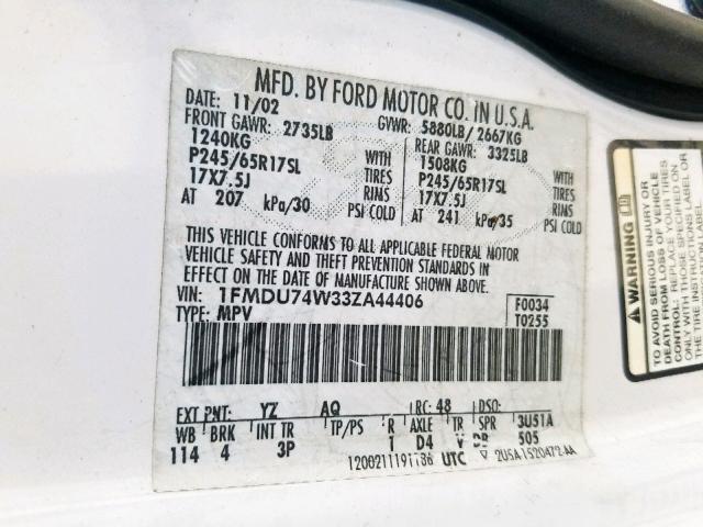 1FMDU74W33ZA44406 - 2003 FORD EXPLORER E WHITE photo 10